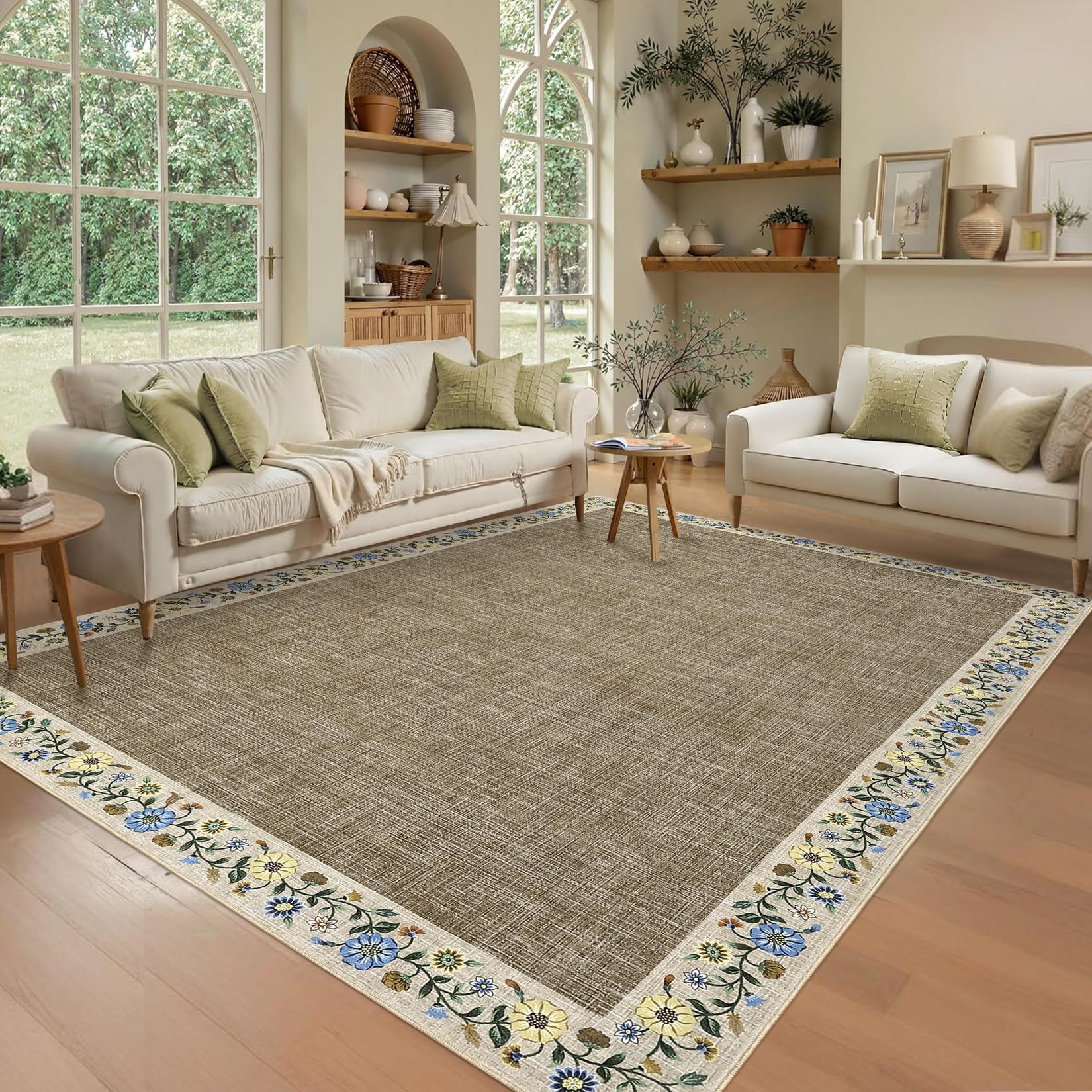 GarveeHome Modern Geometric Area Rug 5x7 Distressed Bordered Rug Washable Non Slip Floor Carpet Non Shedding Thin Rug, Soft Low Pile Rug, Contemporary Brown Rug for Dining Room, Living Room