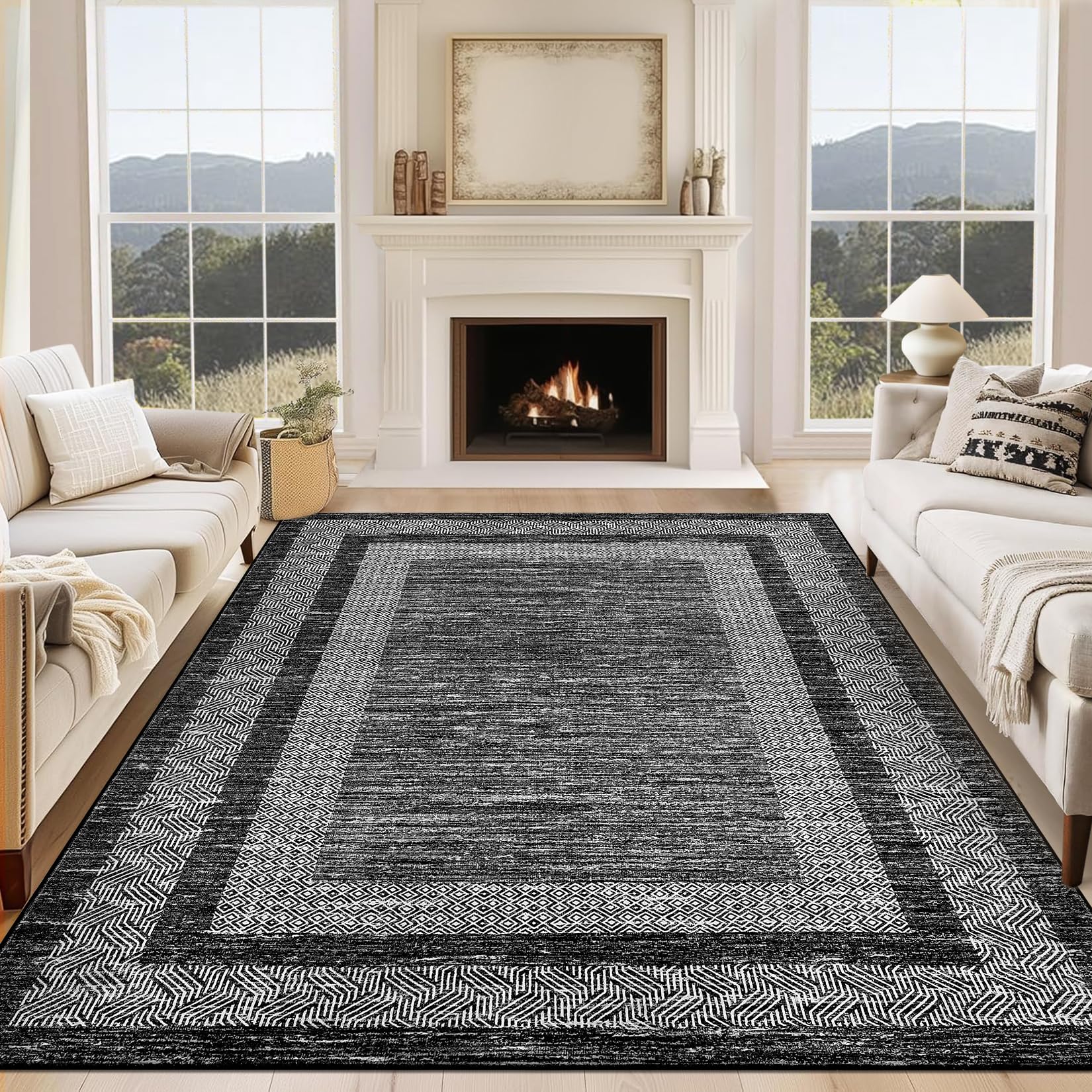 GarveeHome Modern Geometric Area Rug 5x7 Distressed Bordered Rug Washable Non Slip Floor Carpet Non Shedding Thin Rug, Soft Low Pile Rug, Contemporary Brown Rug for Dining Room, Living Room