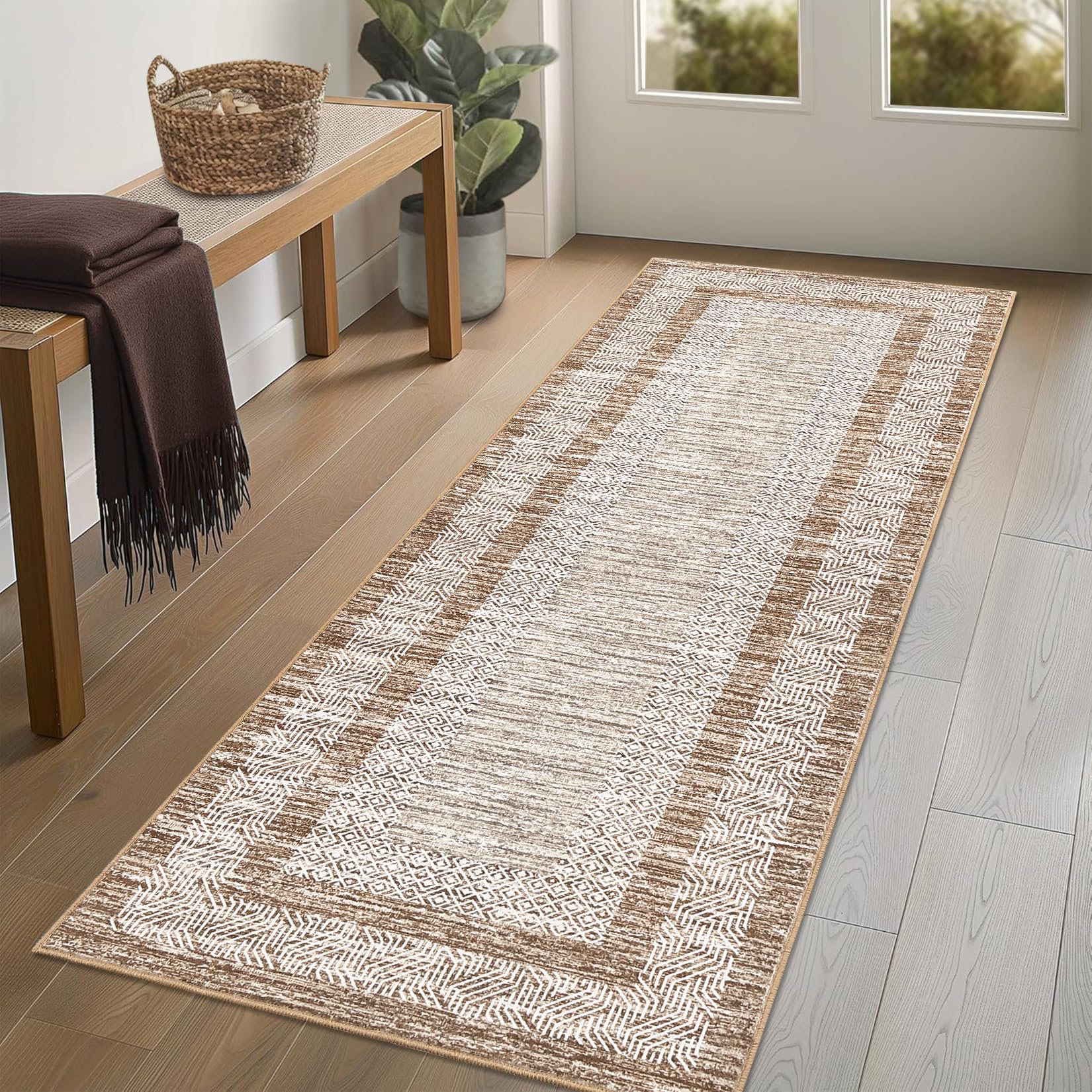 GarveeHome Modern Geometric Area Rug 5x7 Distressed Bordered Rug Washable Non Slip Floor Carpet Non Shedding Thin Rug, Soft Low Pile Rug, Contemporary Brown Rug for Dining Room, Living Room