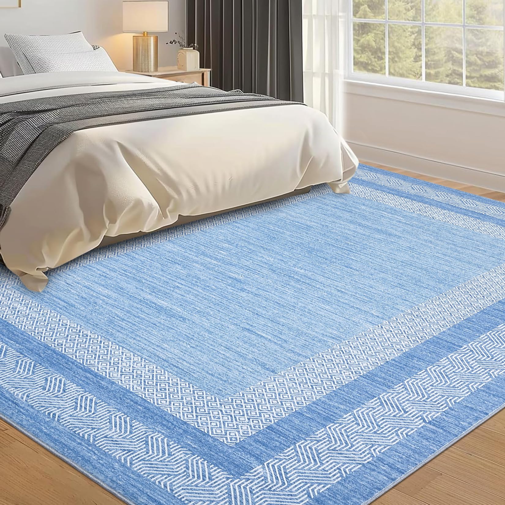 GarveeHome Modern Geometric Area Rug 5x7 Distressed Bordered Rug Washable Non Slip Floor Carpet Non Shedding Thin Rug, Soft Low Pile Rug, Contemporary Brown Rug for Dining Room, Living Room