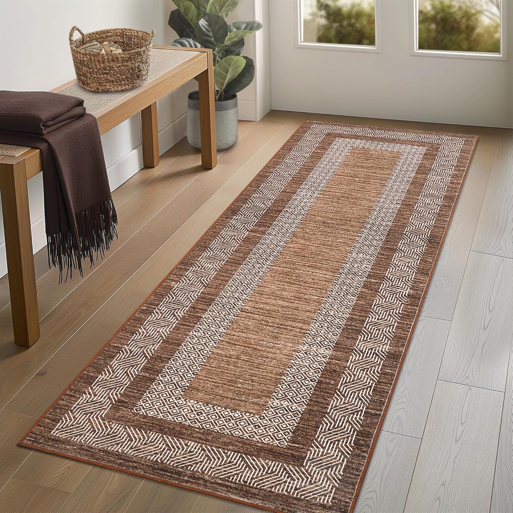 GarveeHome Modern Geometric Area Rug 5x7 Distressed Bordered Rug Washable Non Slip Floor Carpet Non Shedding Thin Rug, Soft Low Pile Rug, Contemporary Brown Rug for Dining Room, Living Room