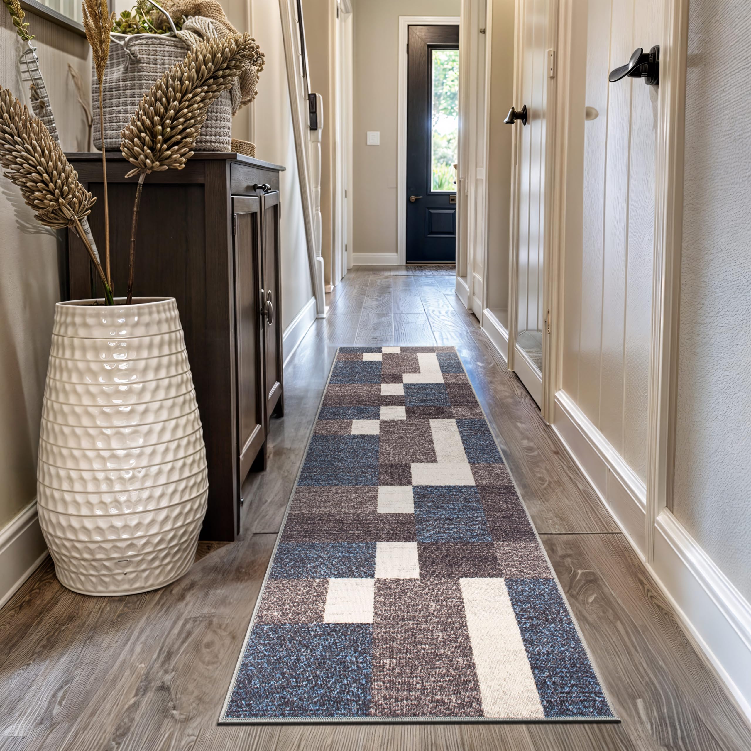 Rugshop Contemporary Blue Geometric Boxes Non-Slip Area Rug Non-Shedding for Living Room, Dining Room and Office, 5'3" x 7'3"