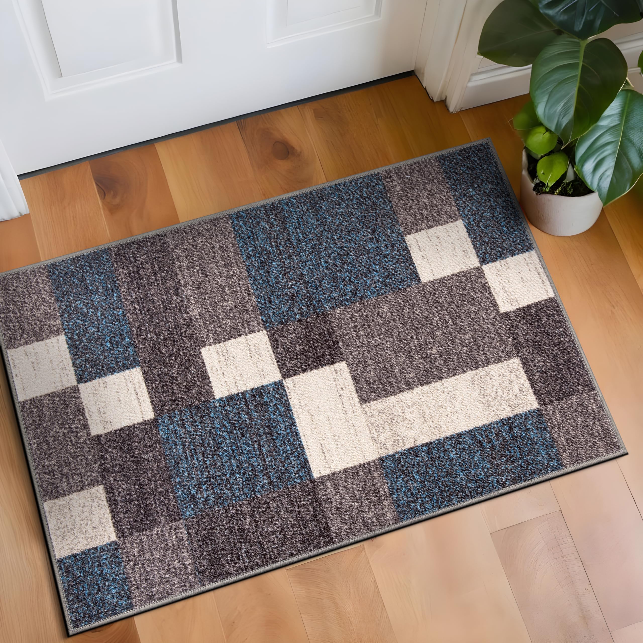 Rugshop Contemporary Blue Geometric Boxes Non-Slip Area Rug Non-Shedding for Living Room, Dining Room and Office, 5'3" x 7'3"