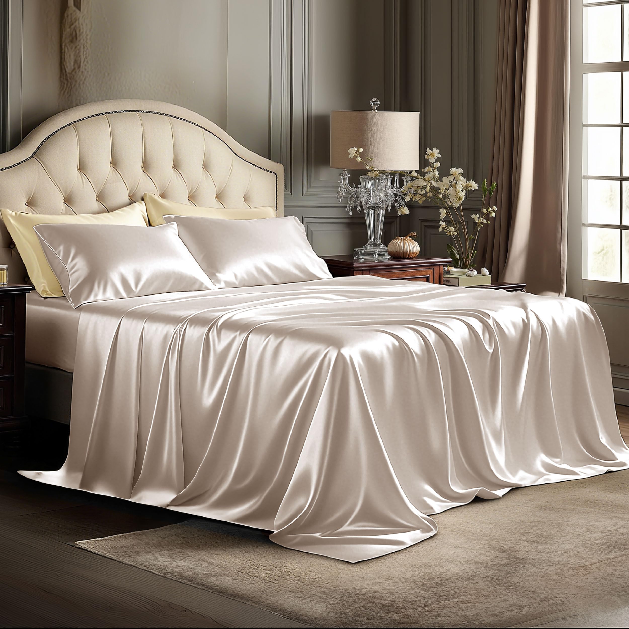 Bedsure Satin Sheets King Size - 4 Piece Silky Bedsheets with 15 Inches Deep Pocket Fitted Bedsheet,1 Flat Sheet, 2 Satin Pillowcases, Good for Hair & Skin (King, Silver Grey)