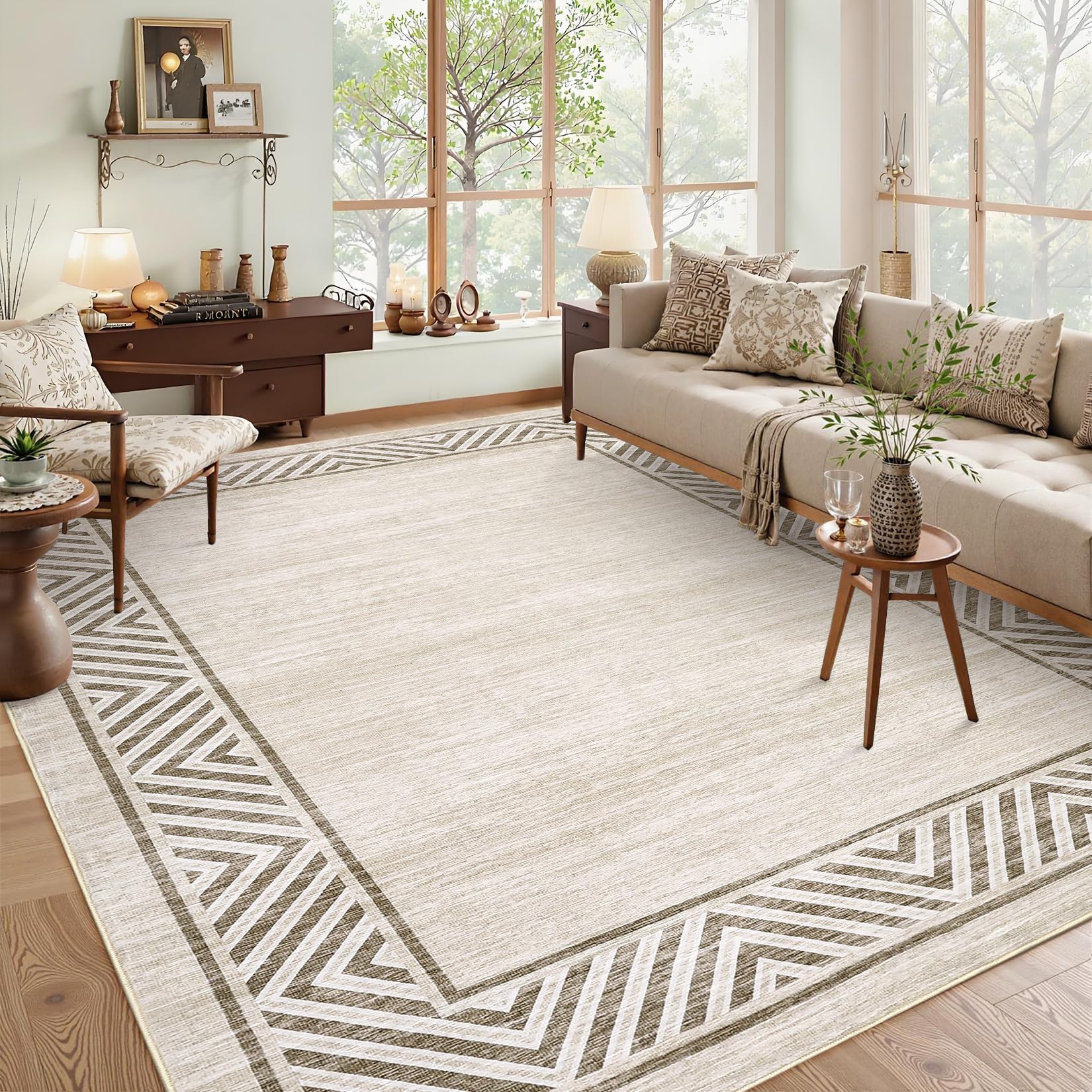 GarveeHome Modern Geometric Area Rug 5x7 Distressed Bordered Rug Washable Non Slip Floor Carpet Non Shedding Thin Rug, Soft Low Pile Rug, Contemporary Brown Rug for Dining Room, Living Room