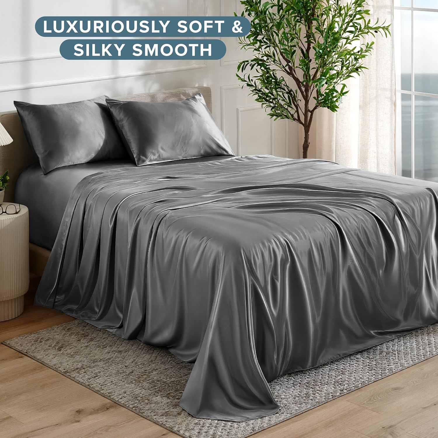 Bare Home King Poly Satin Sheet Set - Luxury Soft and Smooth Satin - for Hair and Skin - Breathable - Similar to Silk - Deep Pocket up to 15” - Bedding Sheet Set (King, Grey)