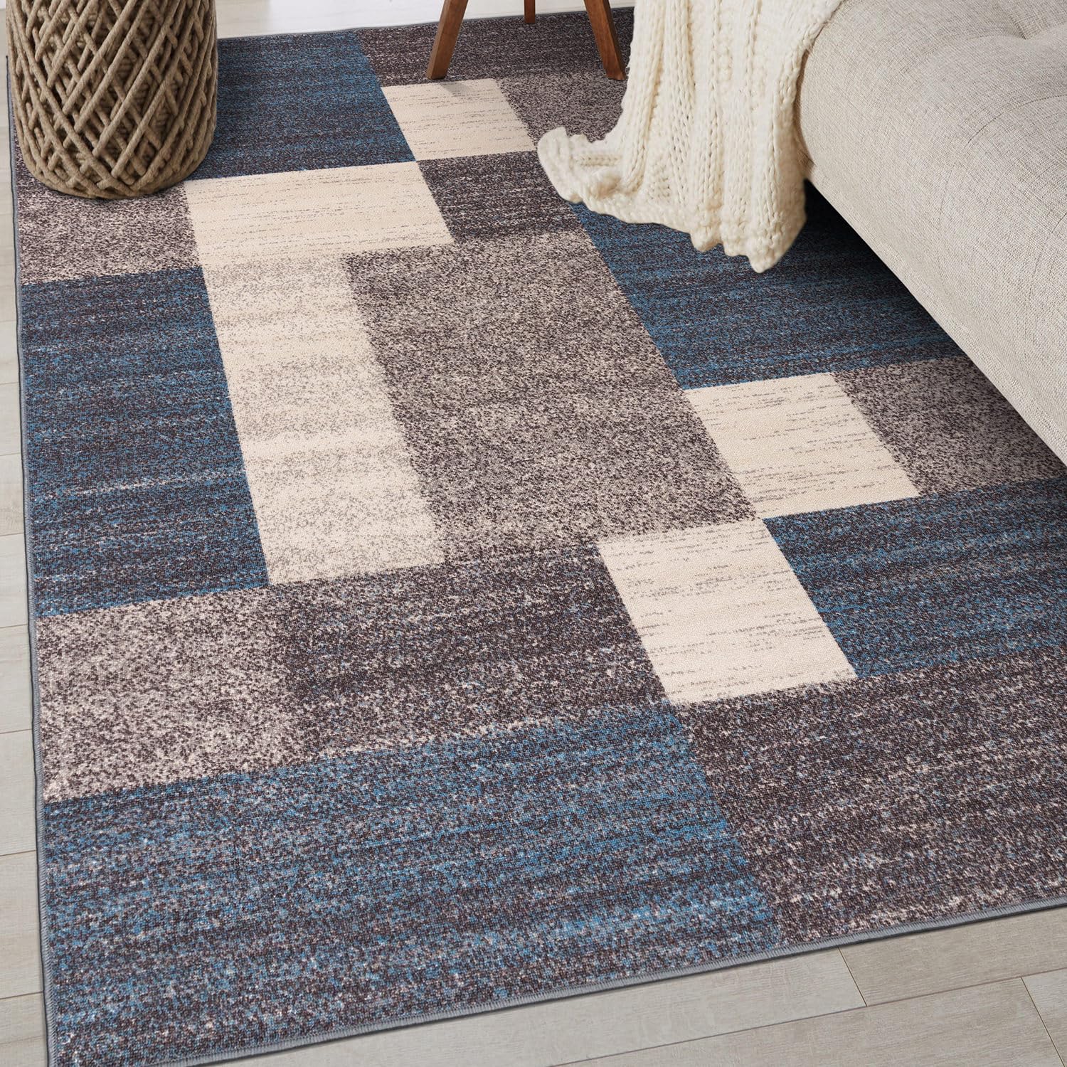 Rugshop Contemporary Blue Geometric Boxes Non-Slip Area Rug Non-Shedding for Living Room, Dining Room and Office, 5'3" x 7'3"