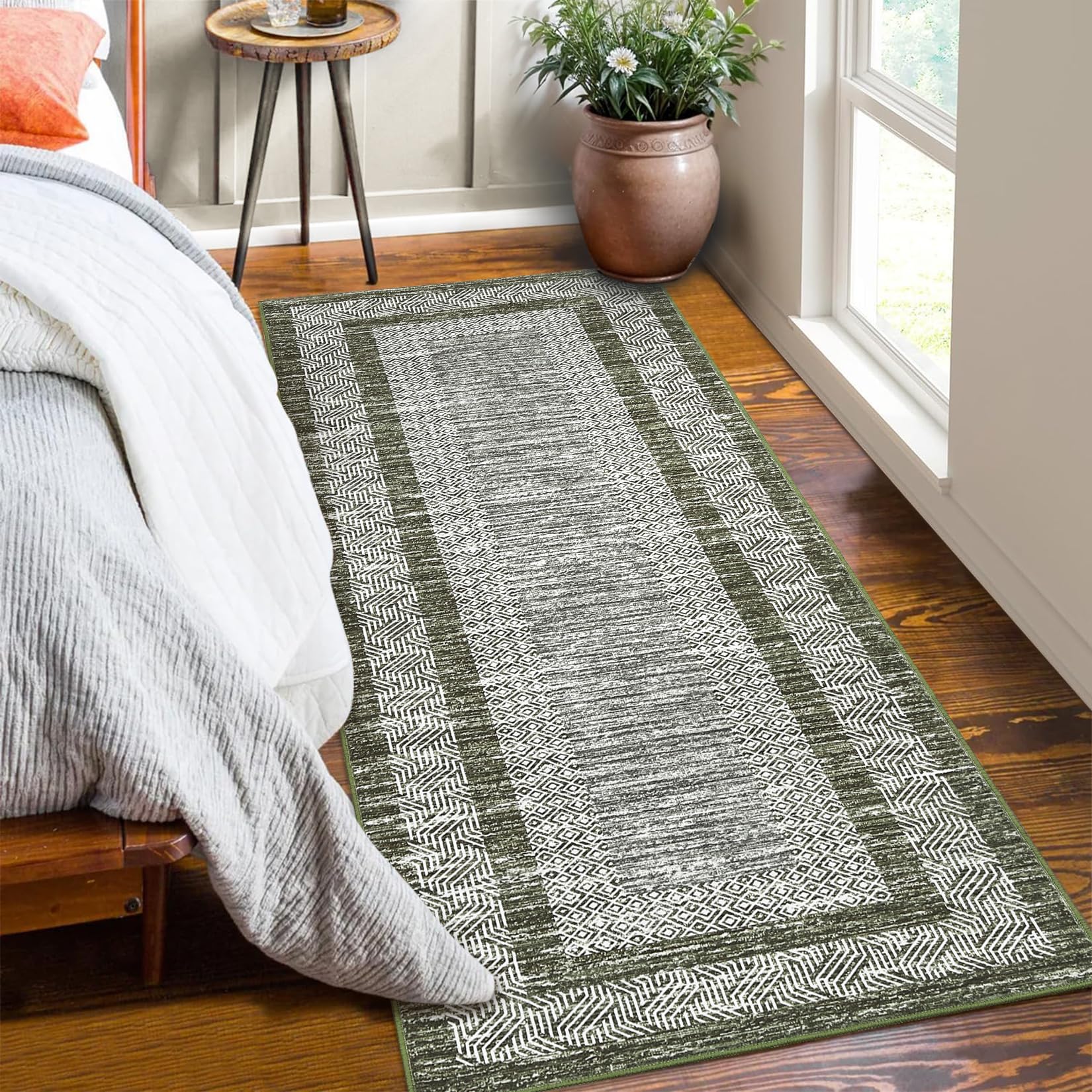 GarveeHome Modern Geometric Area Rug 5x7 Distressed Bordered Rug Washable Non Slip Floor Carpet Non Shedding Thin Rug, Soft Low Pile Rug, Contemporary Brown Rug for Dining Room, Living Room