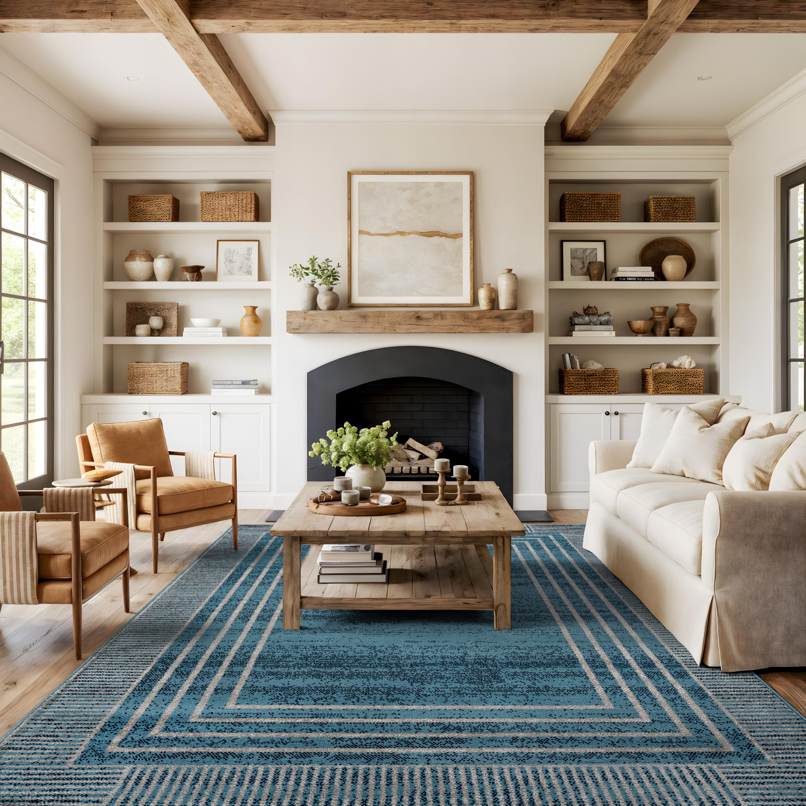 Rugshop Contemporary Geometric Bordered Indoor Area Rug for Living Room,Bedroom,Kitchen Rug Low Pile Rug with Jute Backing 5' x 7' Black