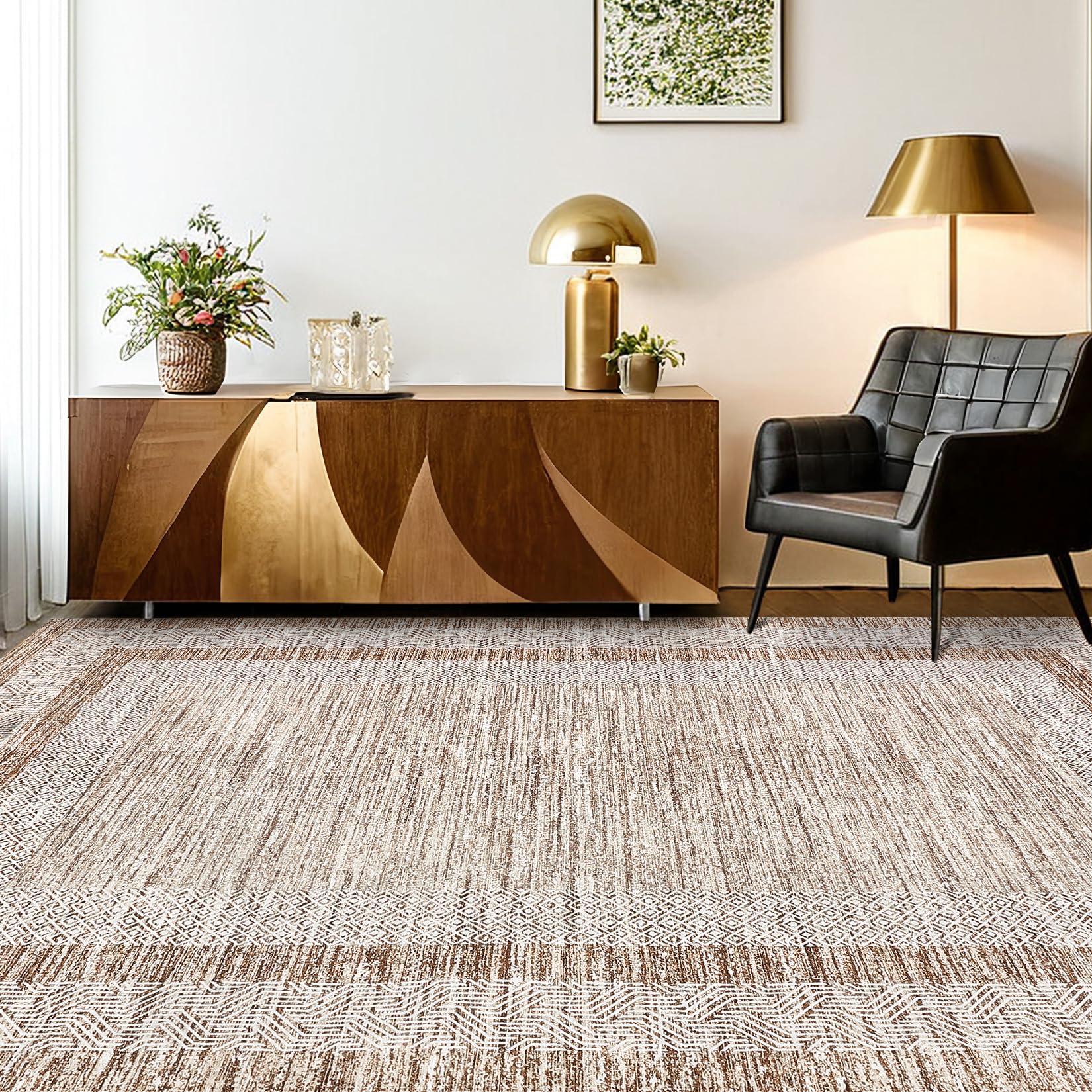 GarveeHome Modern Geometric Area Rug 5x7 Distressed Bordered Rug Washable Non Slip Floor Carpet Non Shedding Thin Rug, Soft Low Pile Rug, Contemporary Brown Rug for Dining Room, Living Room