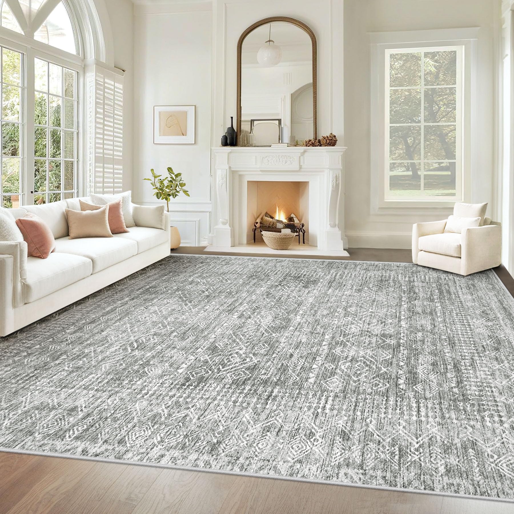 6x9 Area Rugs for Living Room: Washable Moroccan Geometric Boho Rug Farmhouse Non Slip Stain Resistant Large Rug Low Pile Soft Carpet for Bedroom Dining Room Home Office Children Room (Grey,6'x9')
