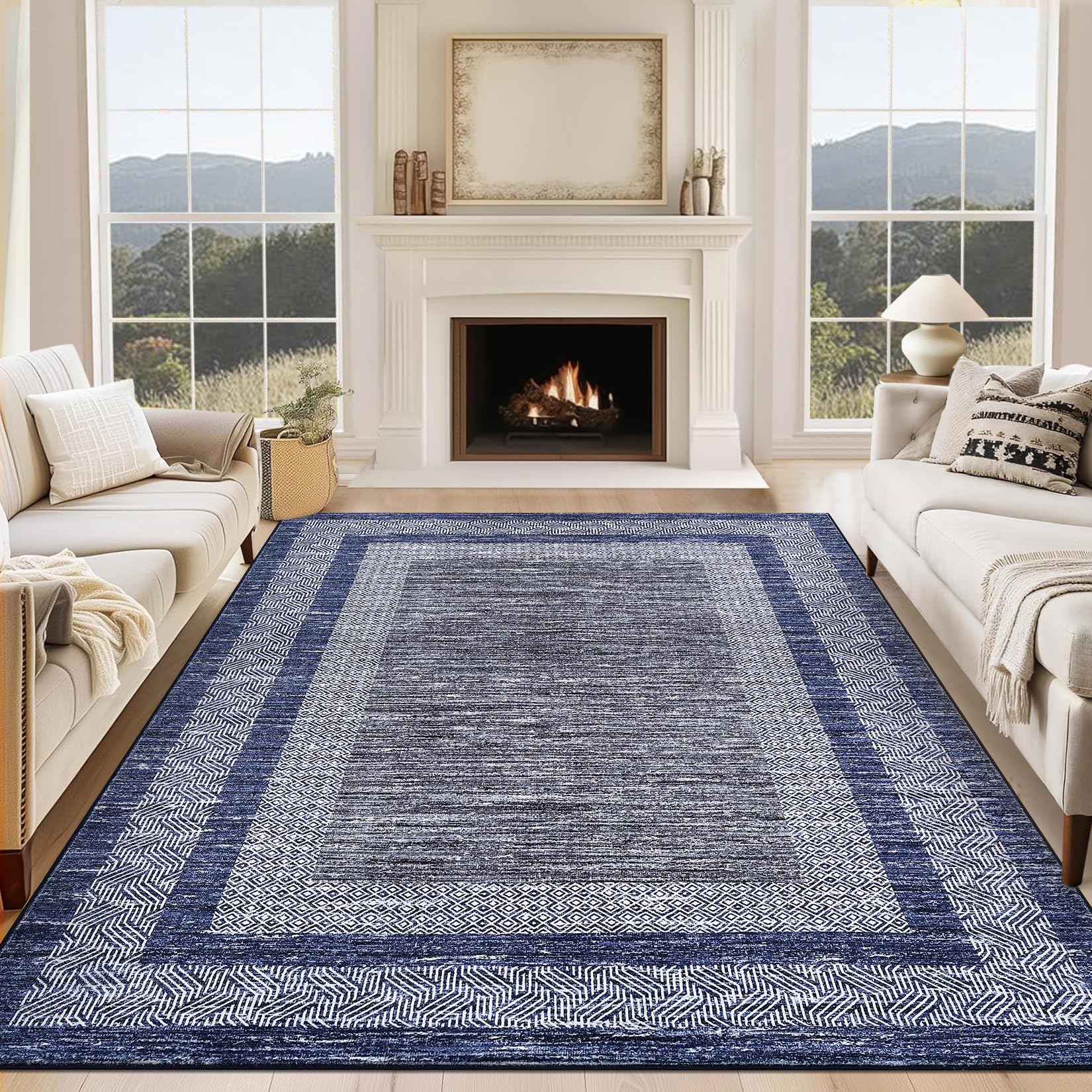 GarveeHome Modern Geometric Area Rug 5x7 Distressed Bordered Rug Washable Non Slip Floor Carpet Non Shedding Thin Rug, Soft Low Pile Rug, Contemporary Brown Rug for Dining Room, Living Room