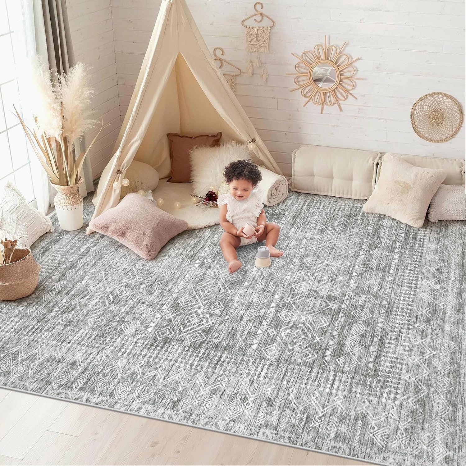 6x9 Area Rugs for Living Room: Washable Moroccan Geometric Boho Rug Farmhouse Non Slip Stain Resistant Large Rug Low Pile Soft Carpet for Bedroom Dining Room Home Office Children Room (Grey,6'x9')