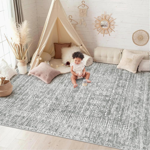 6x9 Area Rugs for Living Room: Washable Moroccan Geometric Boho Rug Farmhouse Non Slip Stain Resistant Large Rug Low Pile Soft Carpet for Bedroom Dining Room Home Office Children Room (Grey,6'x9')
