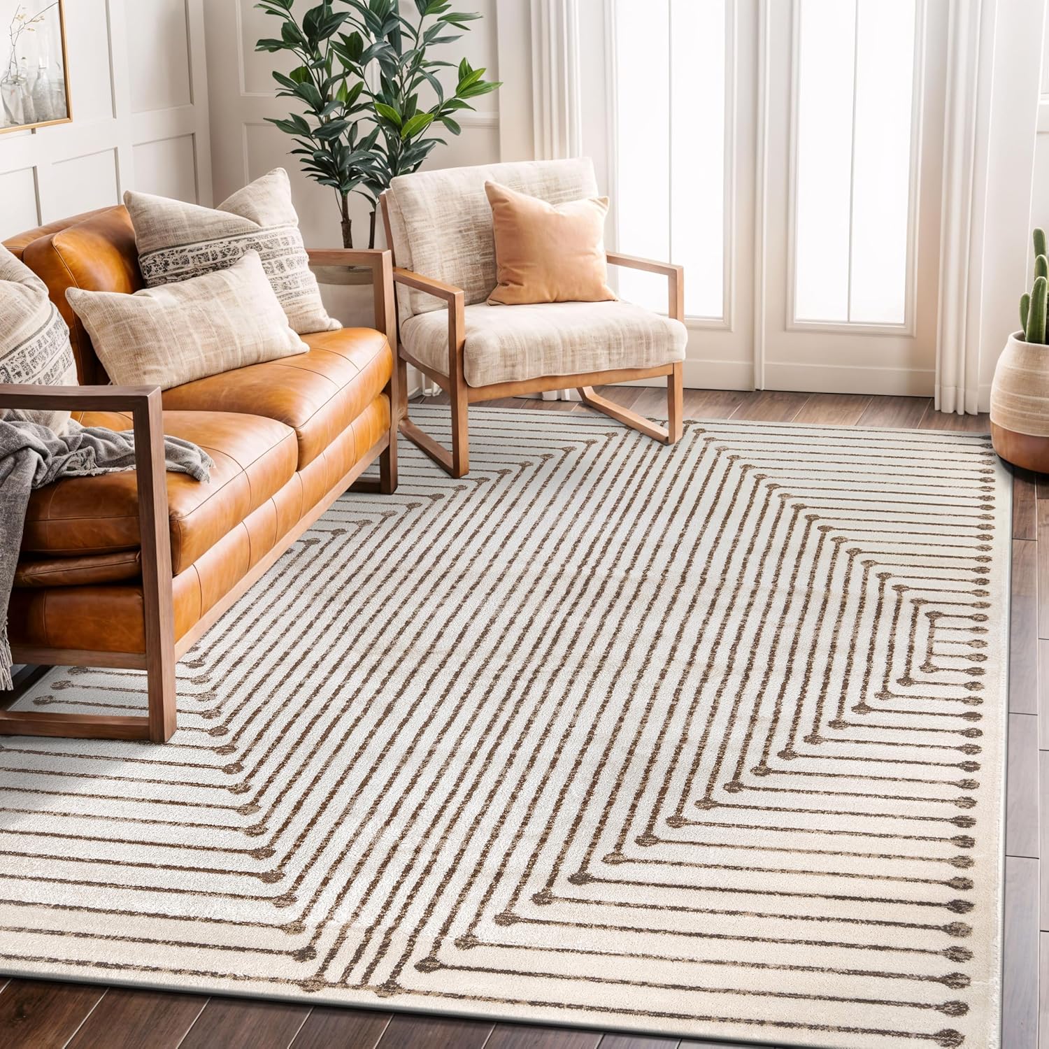 Rugshop Beige and Brown Geometric Area Rug – Soft Abstract Line Pattern Carpet for Living Room, Bedroom, or Office – Contemporary Neutral Decor Accent 5' x 7' Beige