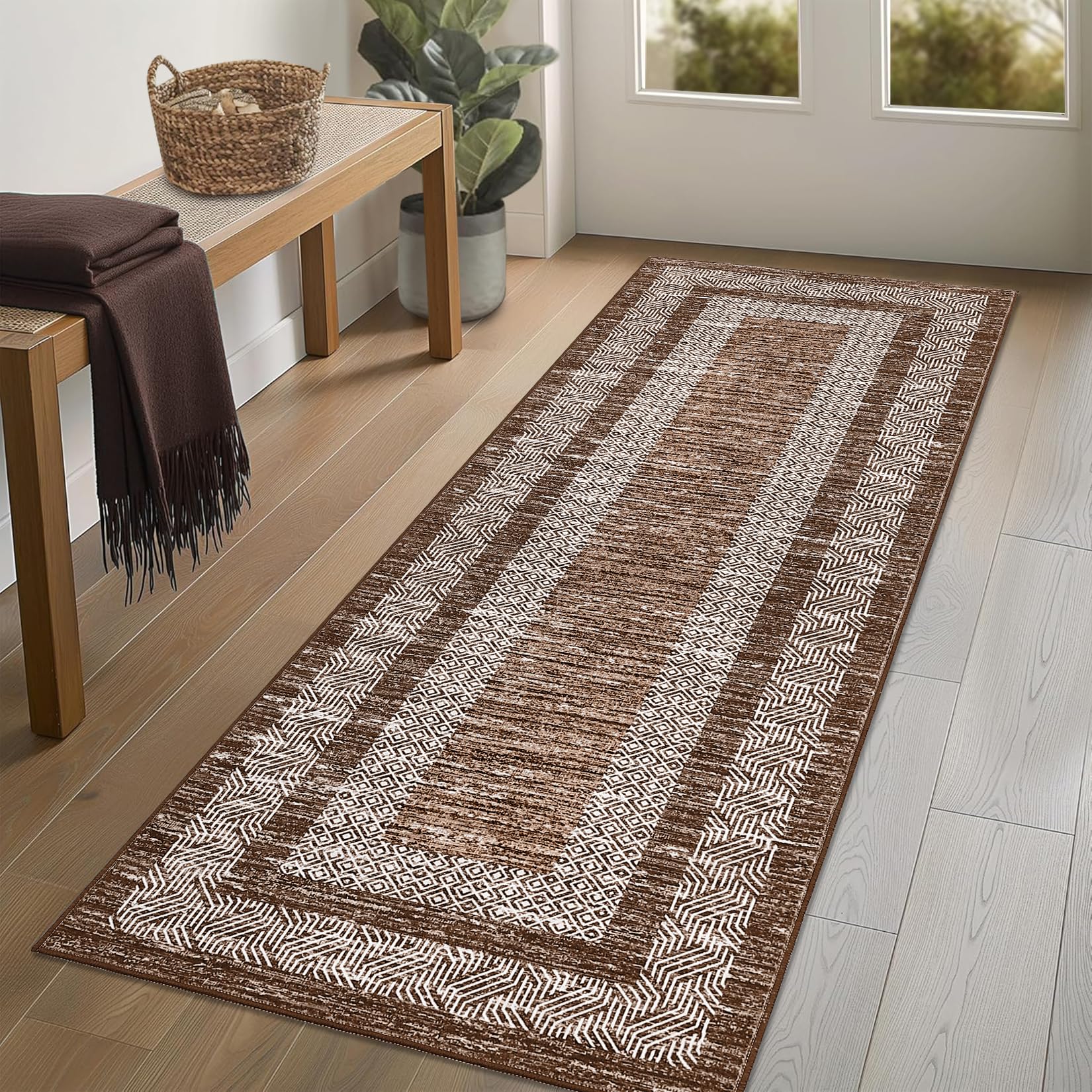 GarveeHome Modern Geometric Area Rug 5x7 Distressed Bordered Rug Washable Non Slip Floor Carpet Non Shedding Thin Rug, Soft Low Pile Rug, Contemporary Brown Rug for Dining Room, Living Room