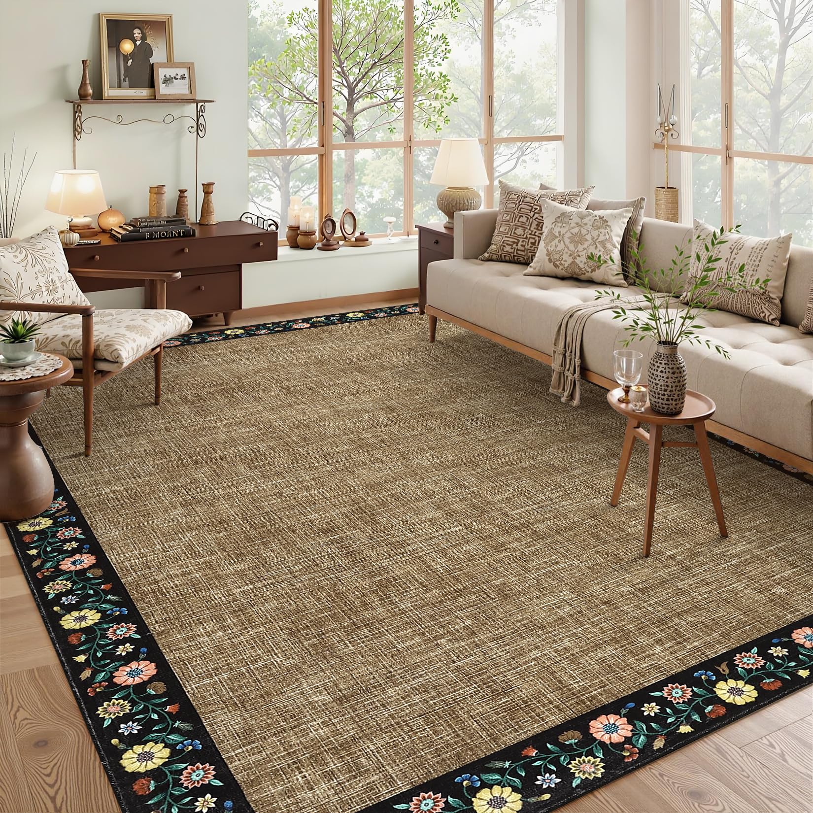 GarveeHome Modern Geometric Area Rug 5x7 Distressed Bordered Rug Washable Non Slip Floor Carpet Non Shedding Thin Rug, Soft Low Pile Rug, Contemporary Brown Rug for Dining Room, Living Room