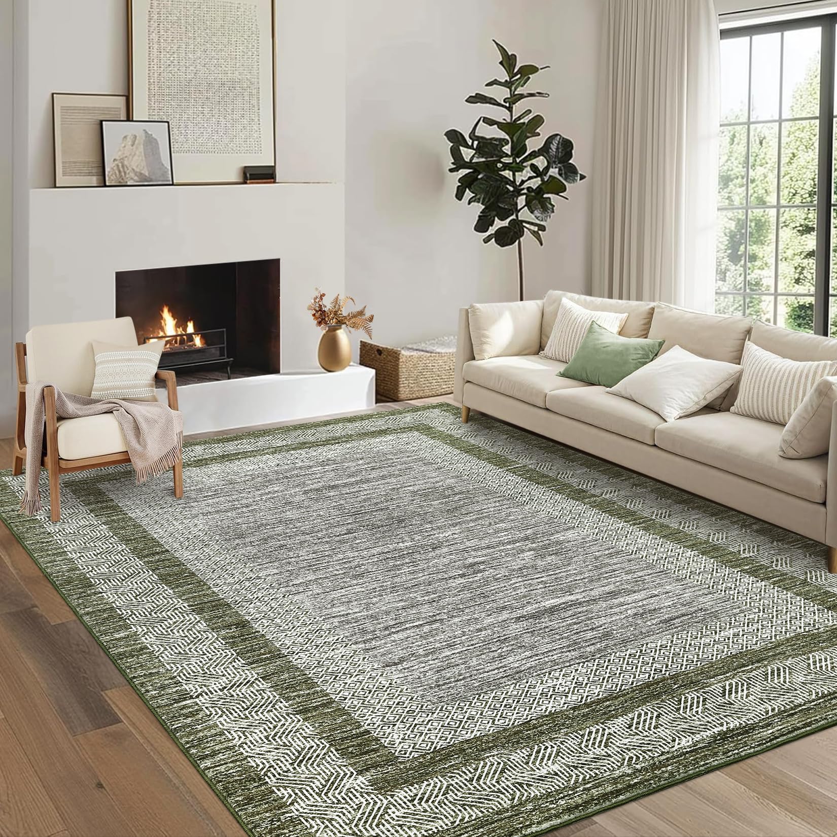 GarveeHome Modern Geometric Area Rug 5x7 Distressed Bordered Rug Washable Non Slip Floor Carpet Non Shedding Thin Rug, Soft Low Pile Rug, Contemporary Brown Rug for Dining Room, Living Room
