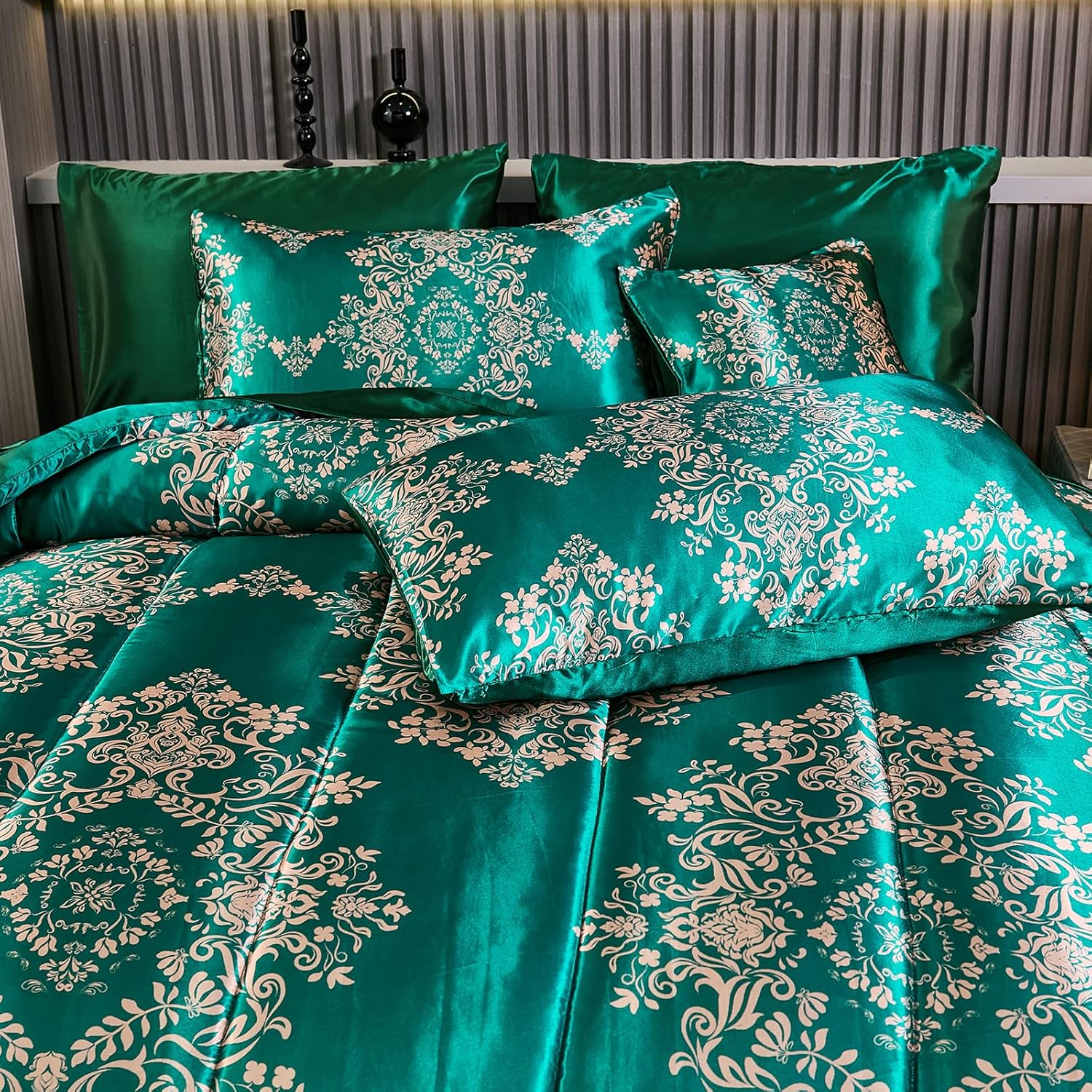 MOVE OVER 8 Pieces Green Satin Comforter Set King Size Silk Like Satin Bed in a Bag Soft and Elegant Euro Floral Comforter Set with Sheet Set Boho Chic Flower Pattern Luxury Bedding Set