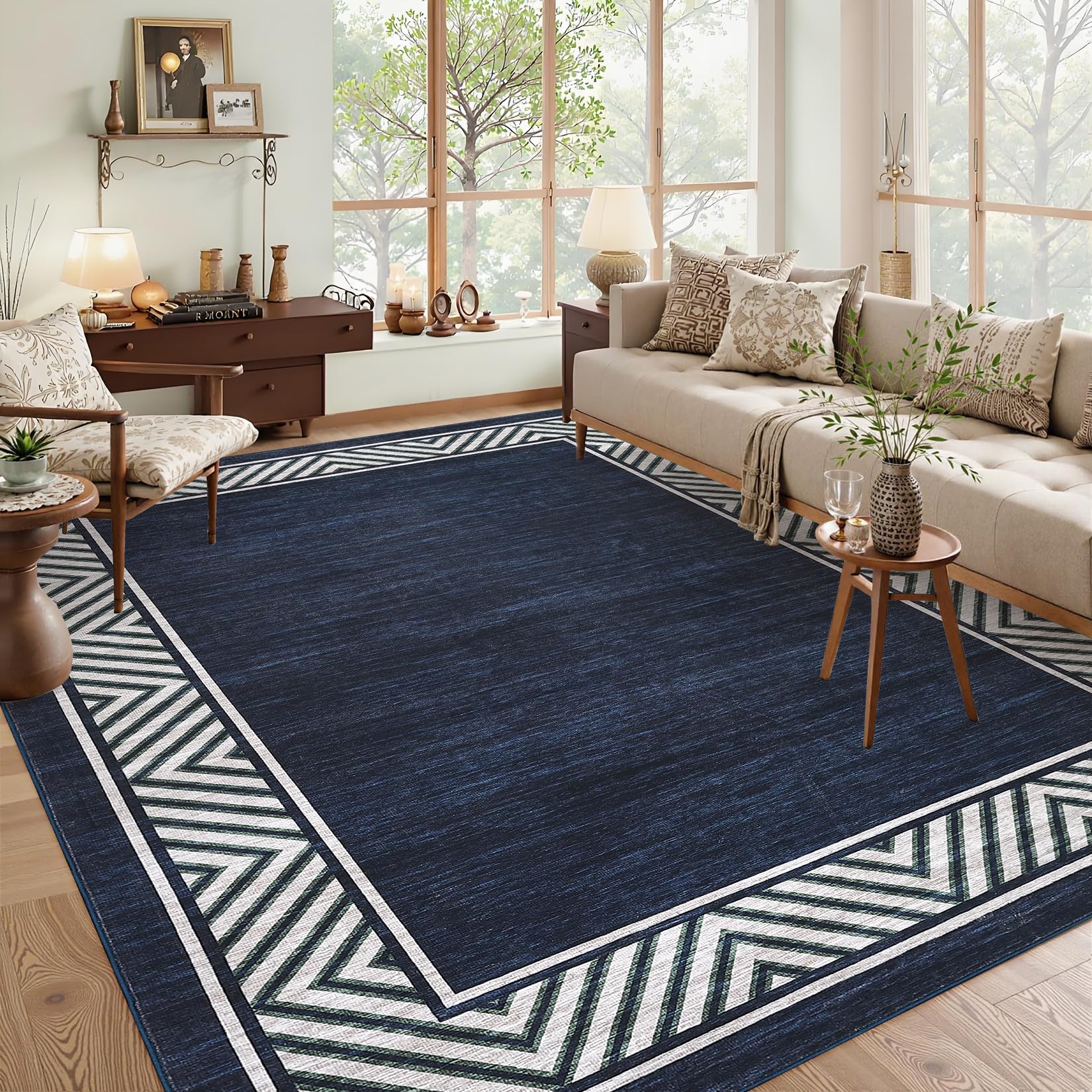GarveeHome Modern Geometric Area Rug 5x7 Distressed Bordered Rug Washable Non Slip Floor Carpet Non Shedding Thin Rug, Soft Low Pile Rug, Contemporary Brown Rug for Dining Room, Living Room