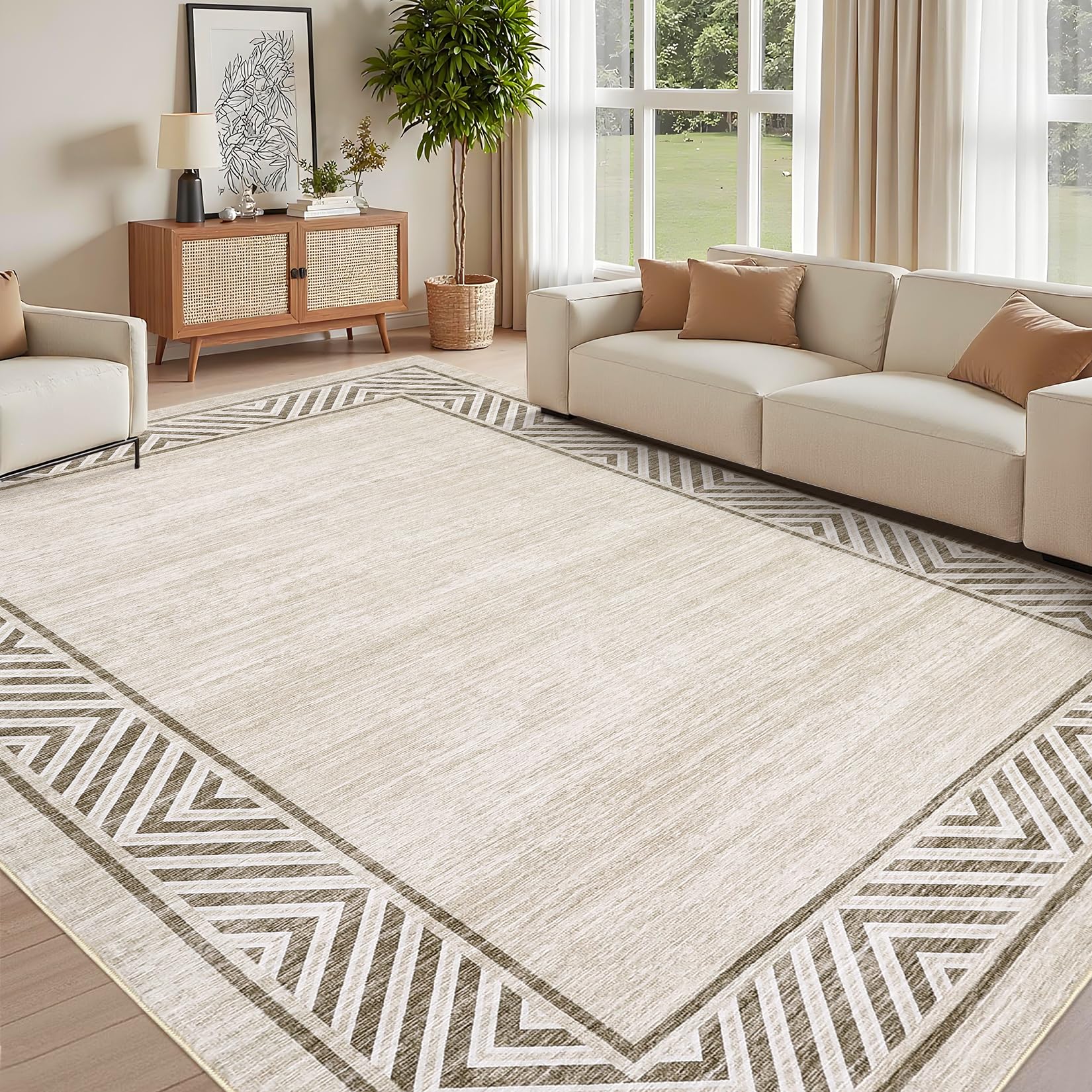 GarveeHome Modern Geometric Area Rug 5x7 Distressed Bordered Rug Washable Non Slip Floor Carpet Non Shedding Thin Rug, Soft Low Pile Rug, Contemporary Brown Rug for Dining Room, Living Room