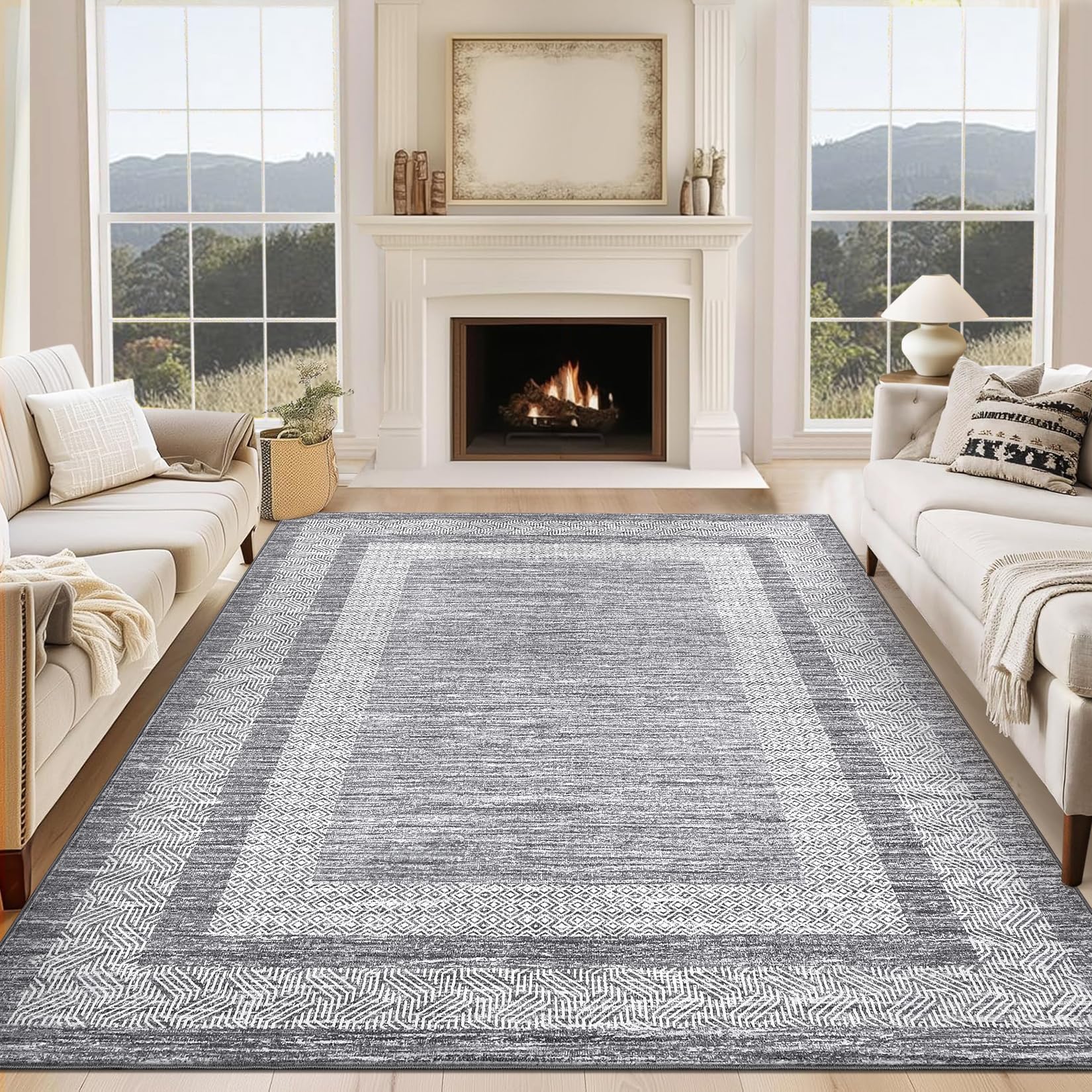 GarveeHome Modern Geometric Area Rug 5x7 Distressed Bordered Rug Washable Non Slip Floor Carpet Non Shedding Thin Rug, Soft Low Pile Rug, Contemporary Brown Rug for Dining Room, Living Room