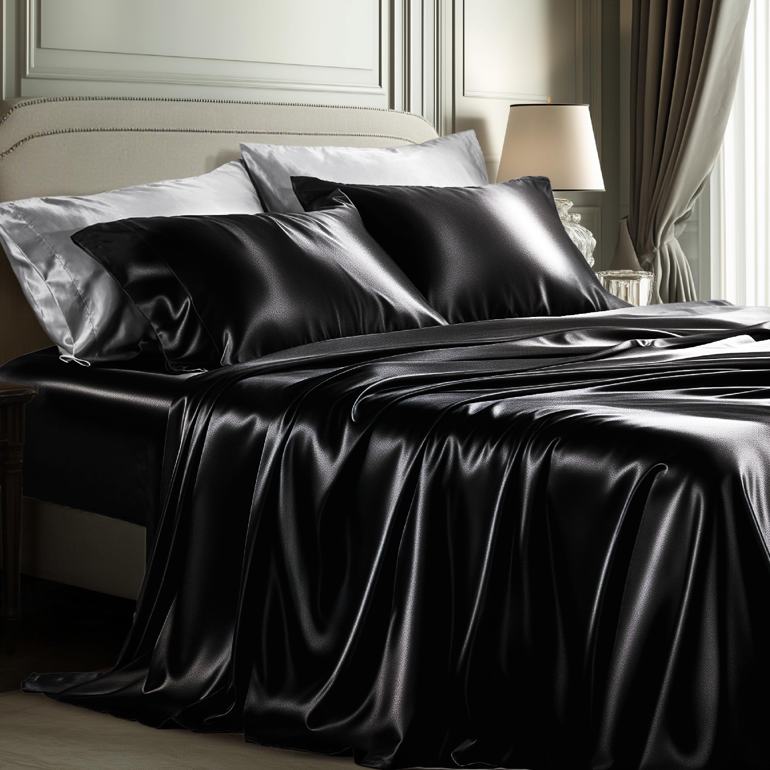 Bedsure Satin Sheets King Size - 4 Piece Silky Bedsheets with 15 Inches Deep Pocket Fitted Bedsheet,1 Flat Sheet, 2 Satin Pillowcases, Good for Hair & Skin (King, Silver Grey)