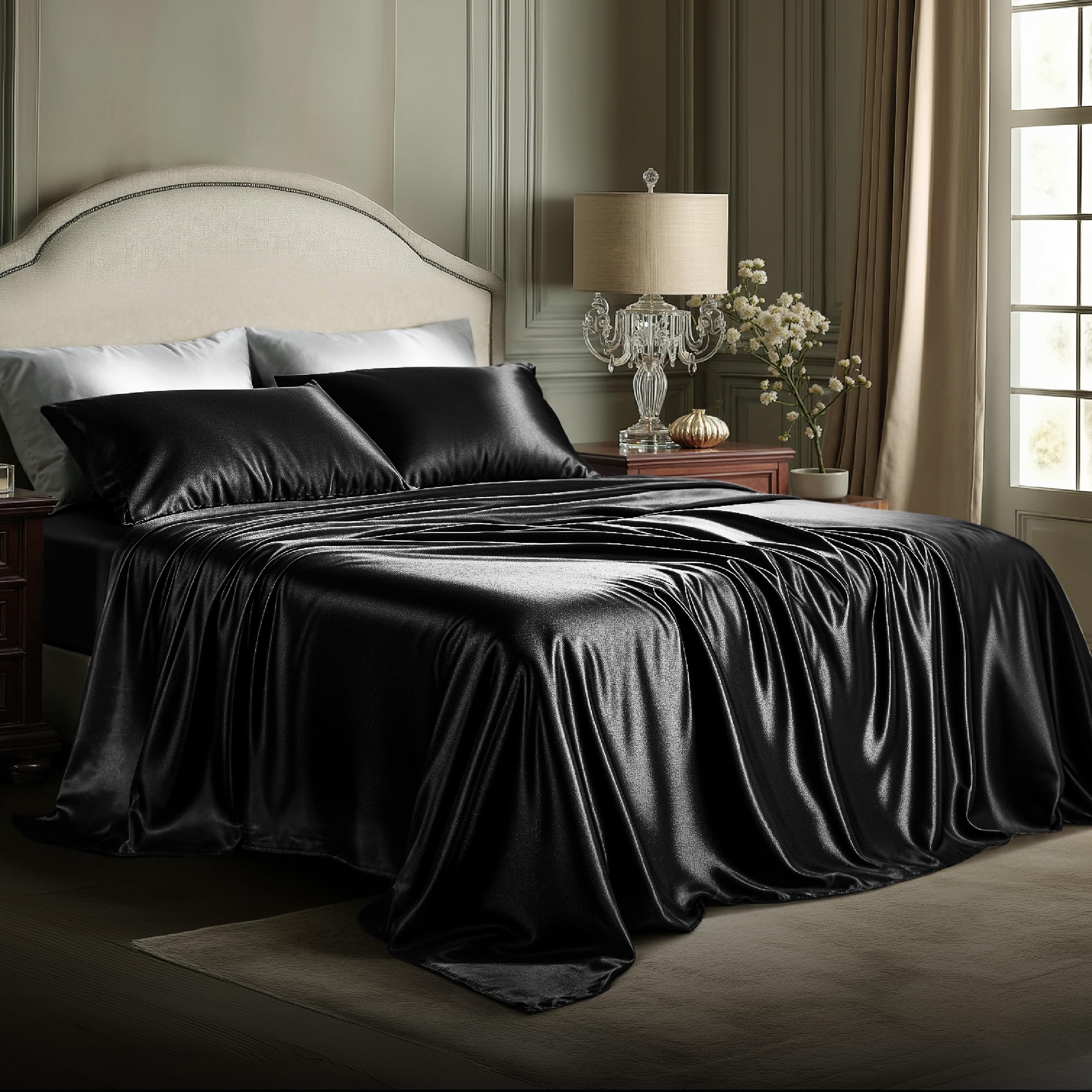 Bedsure Satin Sheets King Size - 4 Piece Silky Bedsheets with 15 Inches Deep Pocket Fitted Bedsheet,1 Flat Sheet, 2 Satin Pillowcases, Good for Hair & Skin (King, Silver Grey)