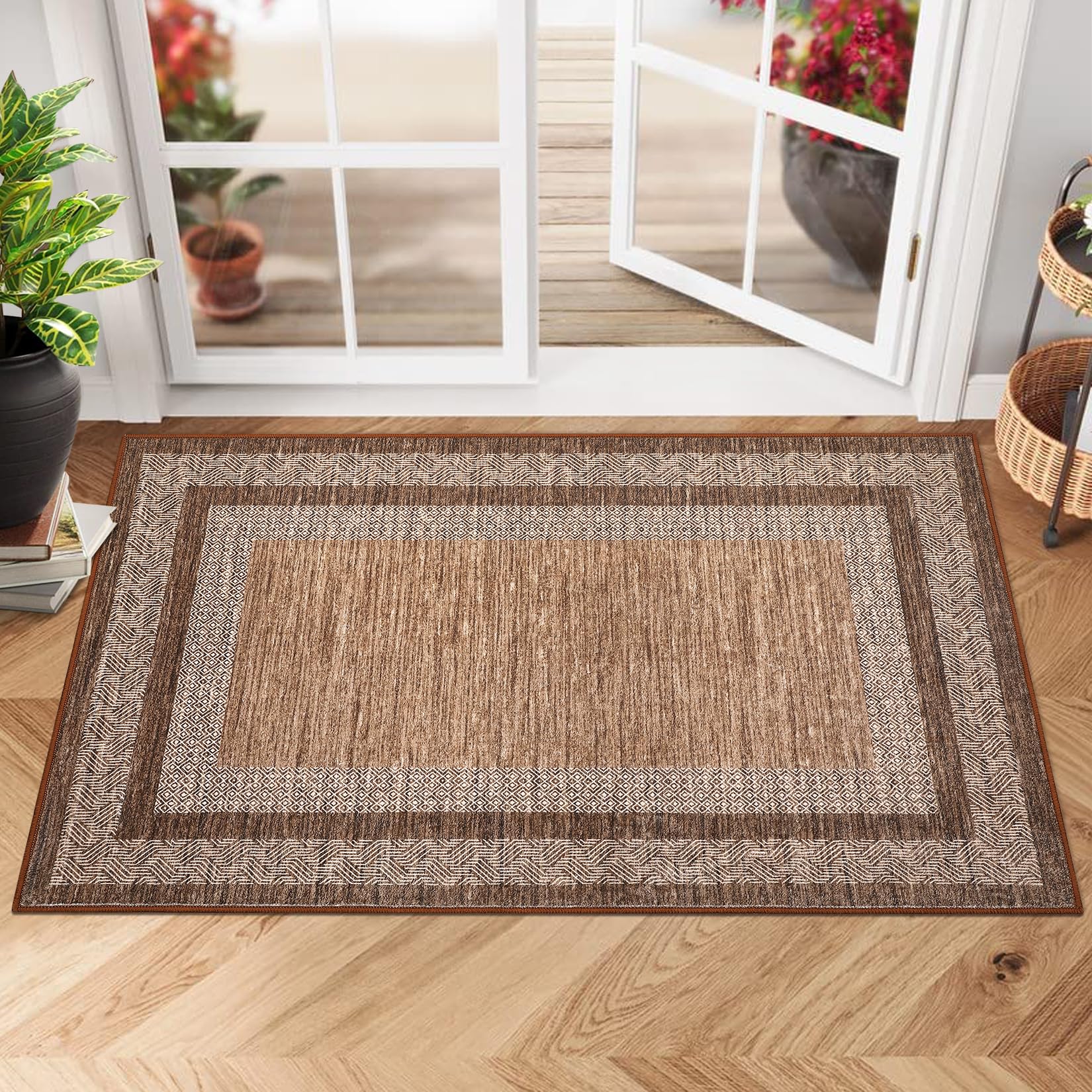 GarveeHome Modern Geometric Area Rug 5x7 Distressed Bordered Rug Washable Non Slip Floor Carpet Non Shedding Thin Rug, Soft Low Pile Rug, Contemporary Brown Rug for Dining Room, Living Room