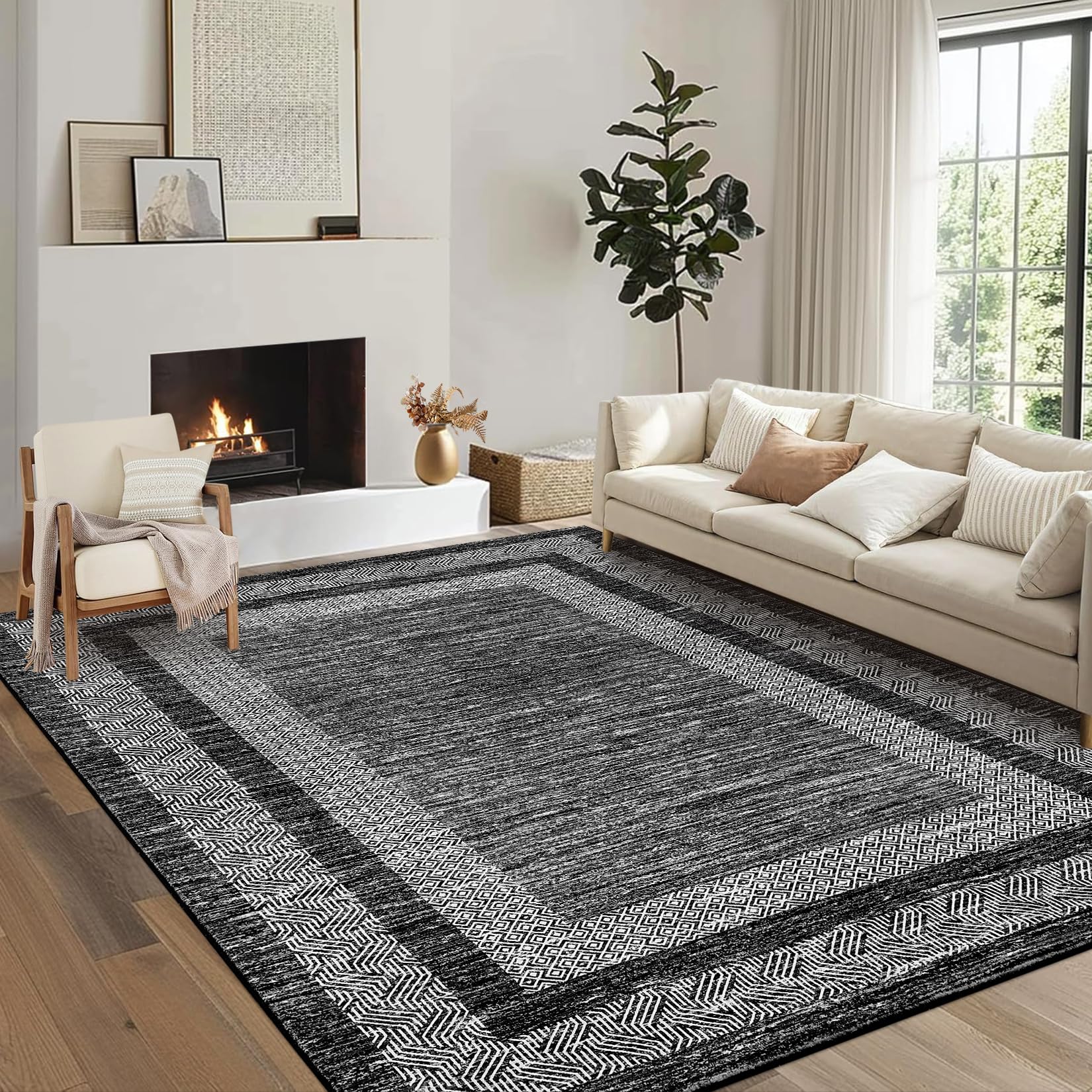 GarveeHome Modern Geometric Area Rug 5x7 Distressed Bordered Rug Washable Non Slip Floor Carpet Non Shedding Thin Rug, Soft Low Pile Rug, Contemporary Brown Rug for Dining Room, Living Room