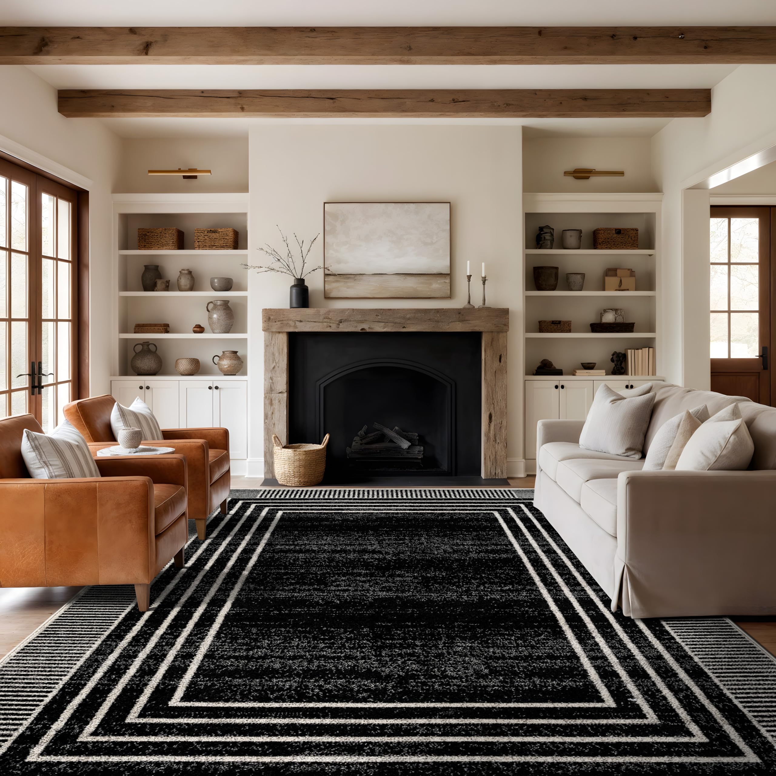 Rugshop Contemporary Geometric Bordered Indoor Area Rug for Living Room,Bedroom,Kitchen Rug Low Pile Rug with Jute Backing 5' x 7' Black