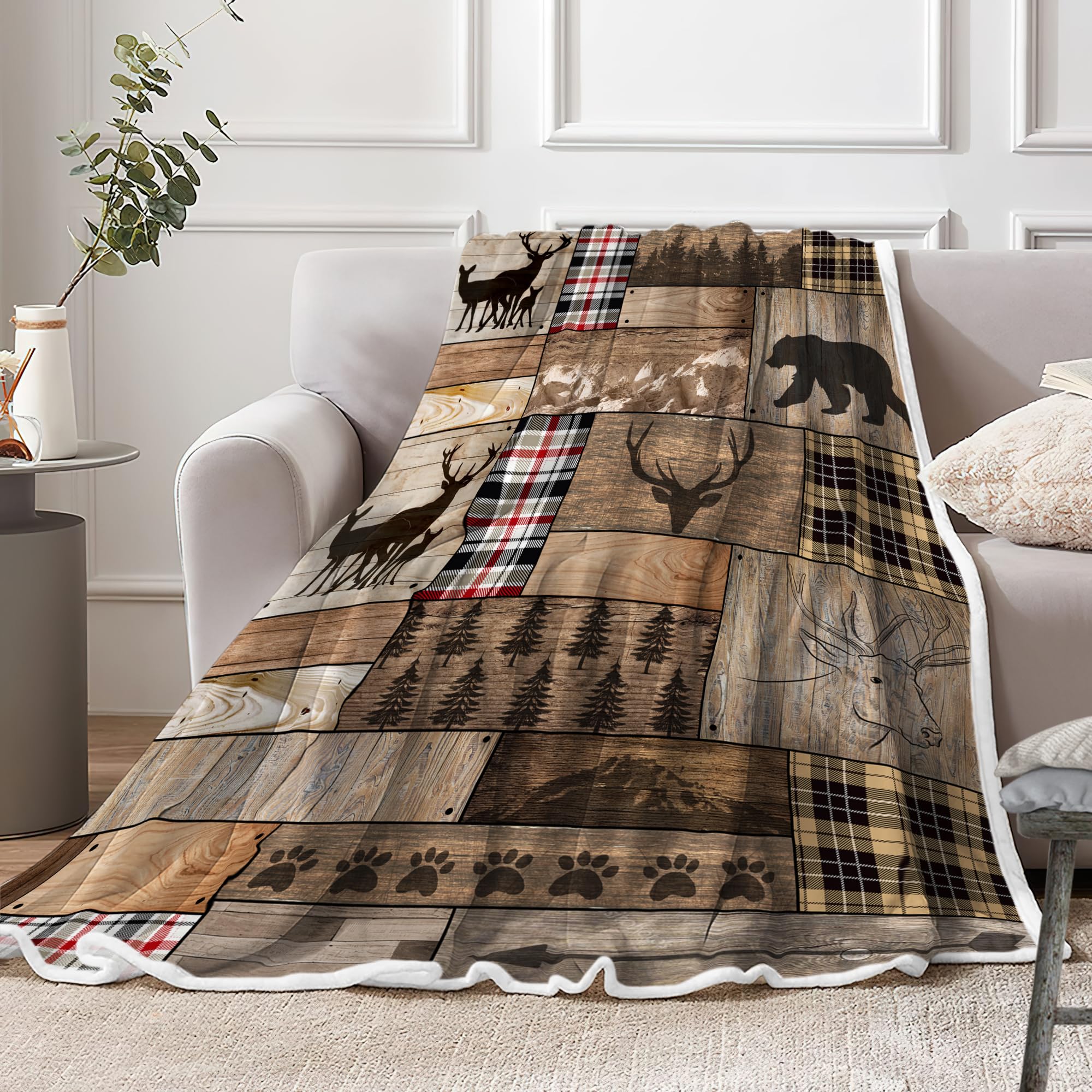 Torich Cabin Retro Rustic Lodge Flannel Throw Blankets, Bear Deer Country Hunting Wild Animal Cozy Warm Bed Couch Blanket, White Fleece Flannel Throws to Decorate The Room and Bedroom Camping Travel