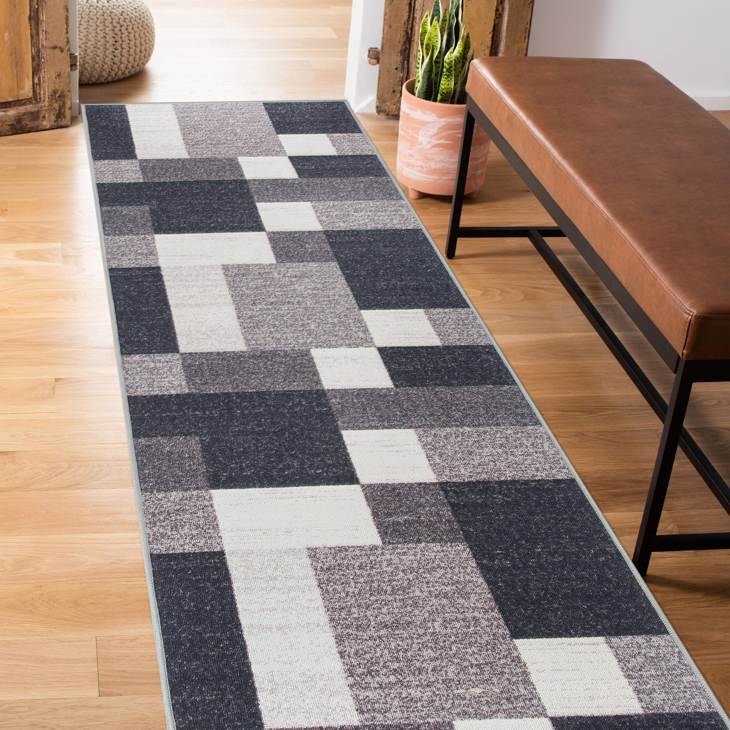 Rugshop Contemporary Blue Geometric Boxes Non-Slip Area Rug Non-Shedding for Living Room, Dining Room and Office, 5'3" x 7'3"