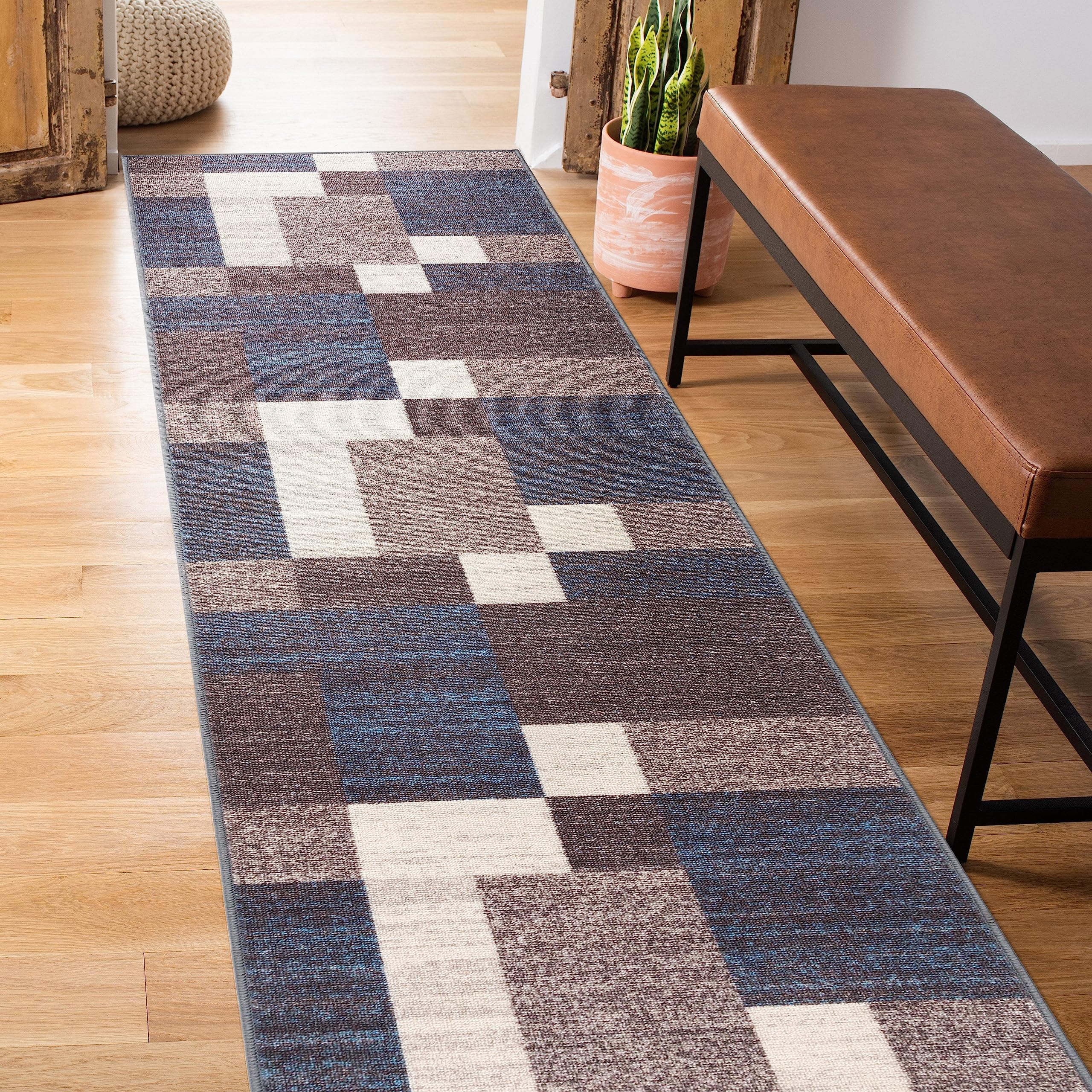 Rugshop Contemporary Blue Geometric Boxes Non-Slip Area Rug Non-Shedding for Living Room, Dining Room and Office, 5'3" x 7'3"