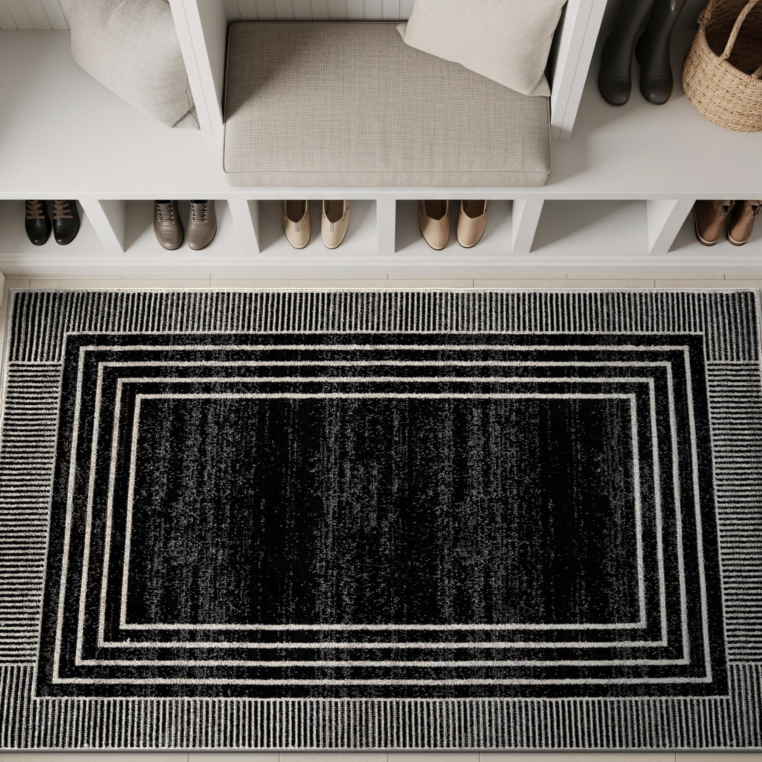 Rugshop Contemporary Geometric Bordered Indoor Area Rug for Living Room,Bedroom,Kitchen Rug Low Pile Rug with Jute Backing 5' x 7' Black